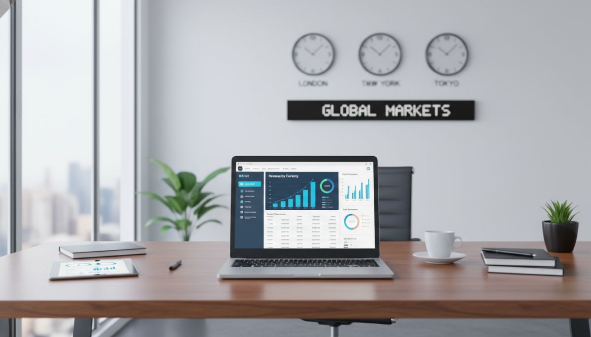 A professional modern workspace showing a laptop with multi-currency CRM dashboards, charts, and global clocks on the wall, bright and clean office setting.