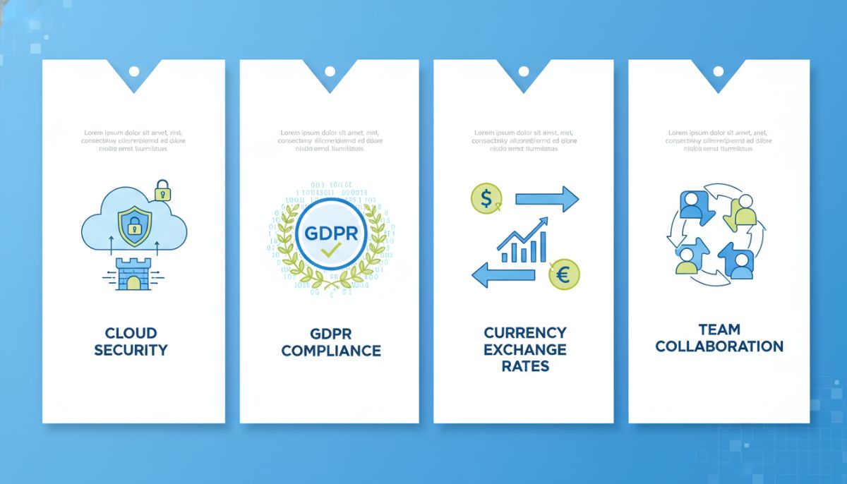 An infographic illustration comparing cloud security, GDPR compliance icon, currency exchange rates, and team collaboration symbol on a clean blue and white background.