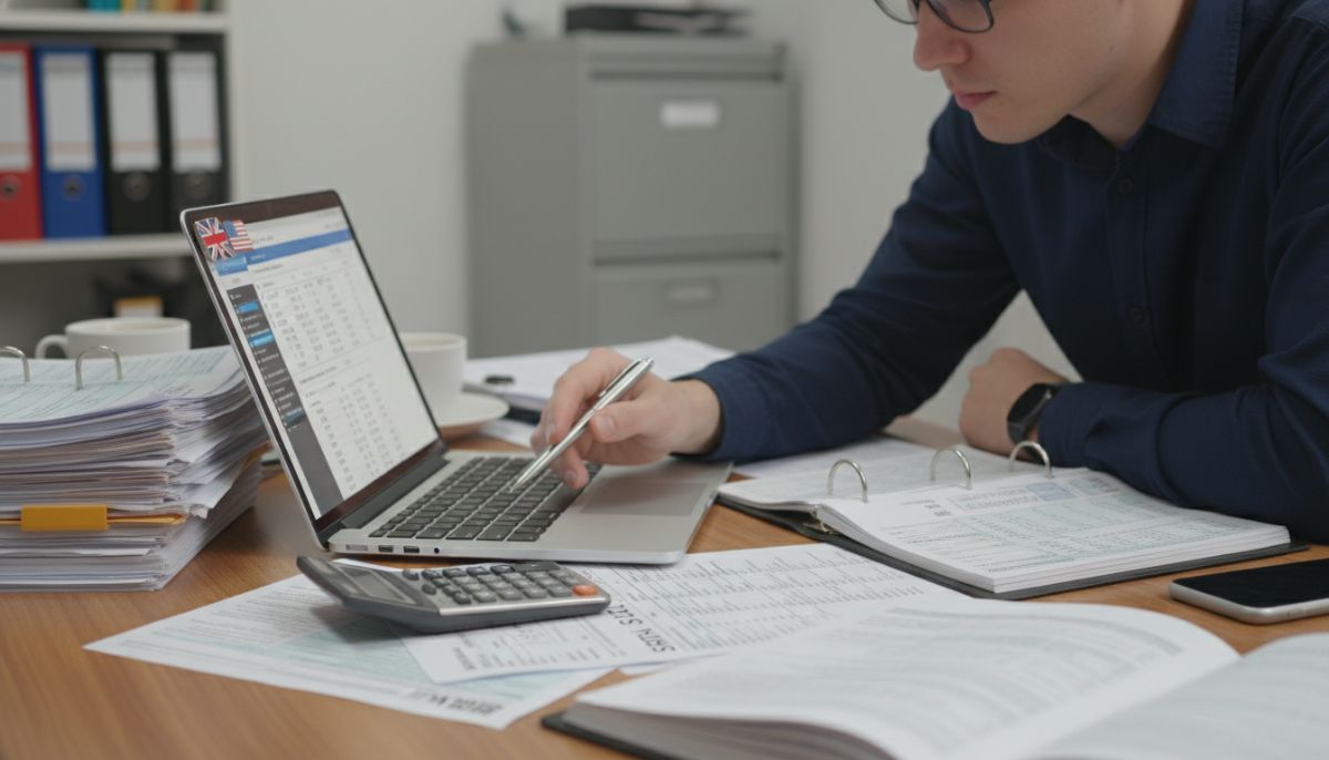 A professional close-up of a person analyzing tax forms and financial documents on a desk with a laptop displaying a digital calculator and British and US flag pins.