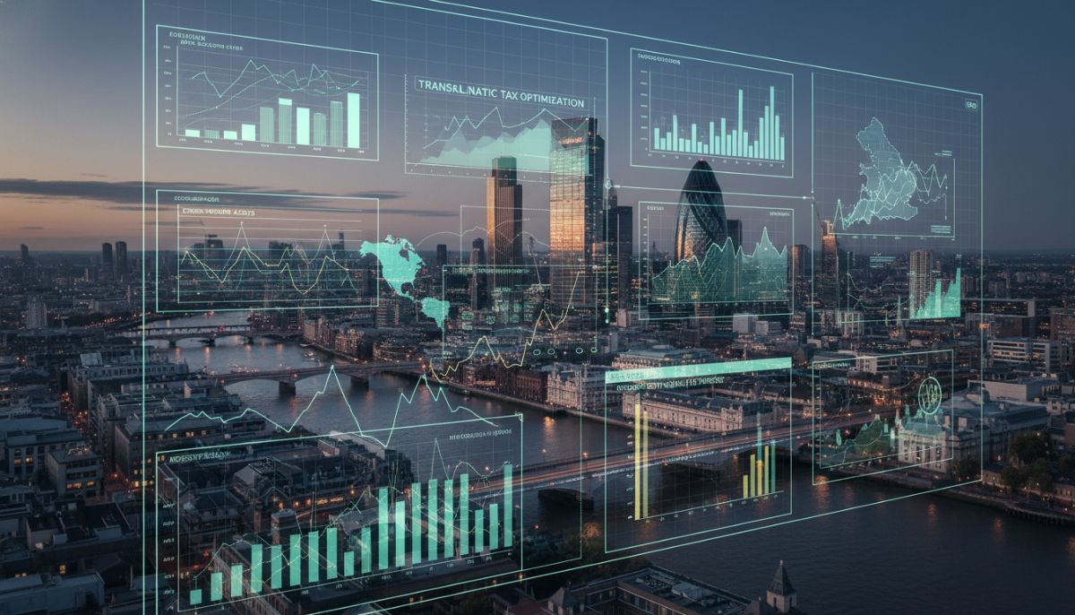 A sleek, modern London skyline overlayed with subtle financial charts and graphs representing transatlantic tax planning.