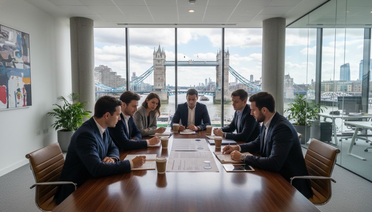 A professional modern office in London with a view of the Tower Bridge, where a diverse team of entrepreneurs are discussing legal documents around a sleek wooden conference table