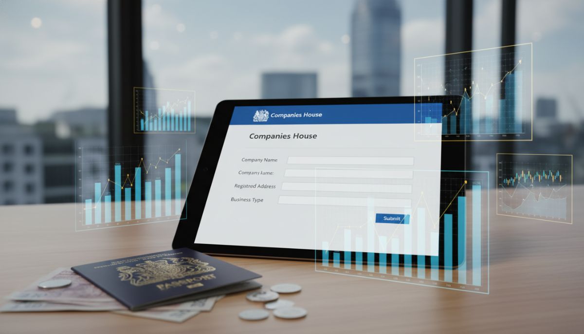 A close-up of a digital tablet showing a UK business registration portal, surrounded by financial charts and a British passport on a clean desk