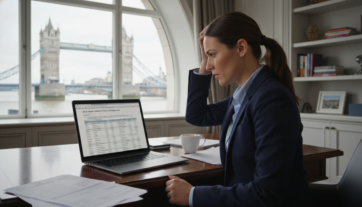 A professional expat sitting at a wooden desk in a London apartment, looking at complex tax documents on a laptop with the Tower Bridge visible through the window, professional and slightly overwhelmed expression, realistic style, 4k