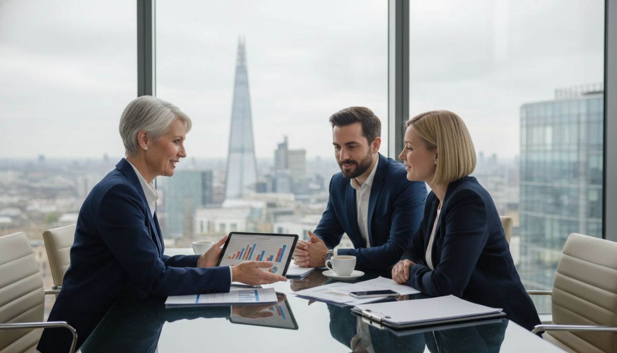 A business meeting between an experienced UK accountant and an expat couple in a modern glass-walled office in London, showing financial charts on a tablet, confident and relieved expressions, professional photography, high-end corporate setting