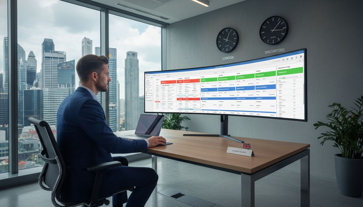 A professional UK expat working in a modern high-rise office in Singapore, analyzing CRM visual pipelines on a large screen monitor, with London and local time zone clocks visible on the wall, professional corporate aesthetic.