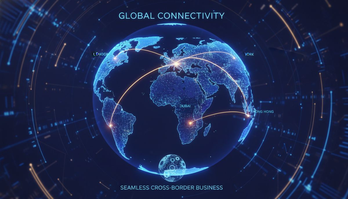 A conceptual digital artwork representing global connectivity, showing a stylized map of the world with glowing data nodes connecting London to Dubai, Hong Kong, and New York, symbolizing seamless cross-border business relations.