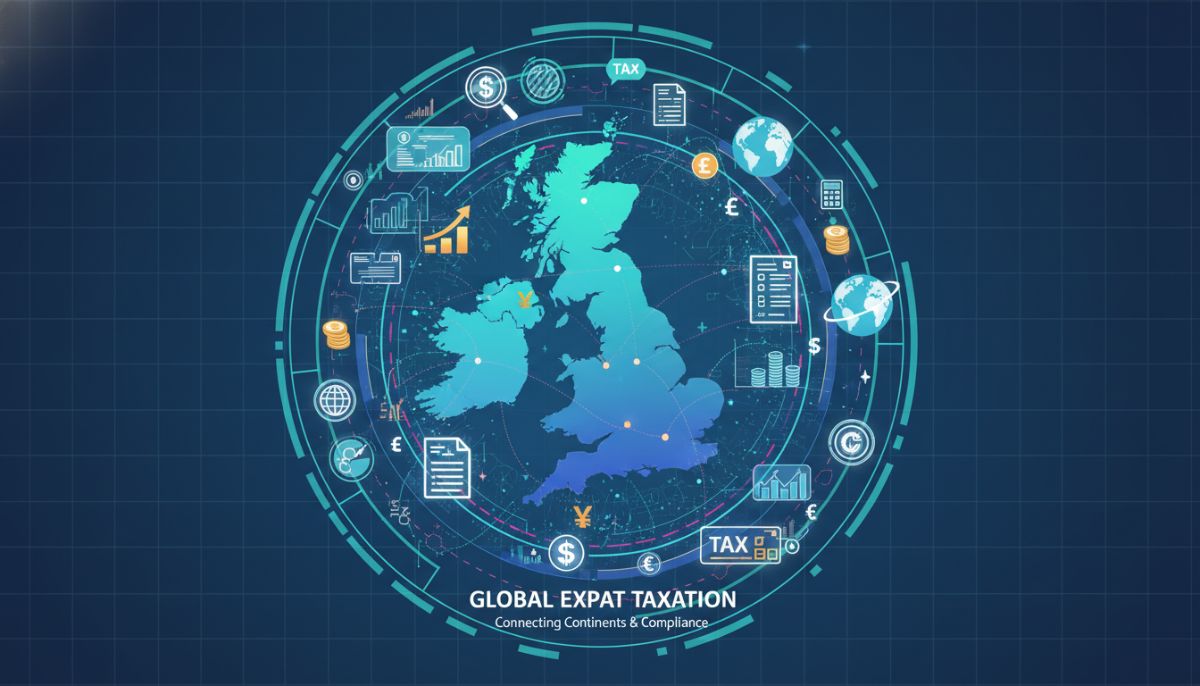 A conceptual digital graphic showing a map of the UK surrounded by financial icons, tax forms, and globe connections, representing global expat taxation, modern vector style.