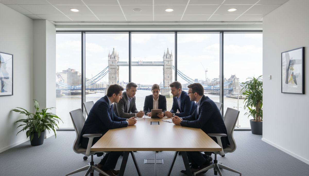 A professional modern office in London with the Tower Bridge visible through the floor-to-ceiling glass windows, a diverse group of entrepreneurs in business attire discussing over a tablet, bright natural lighting, corporate style