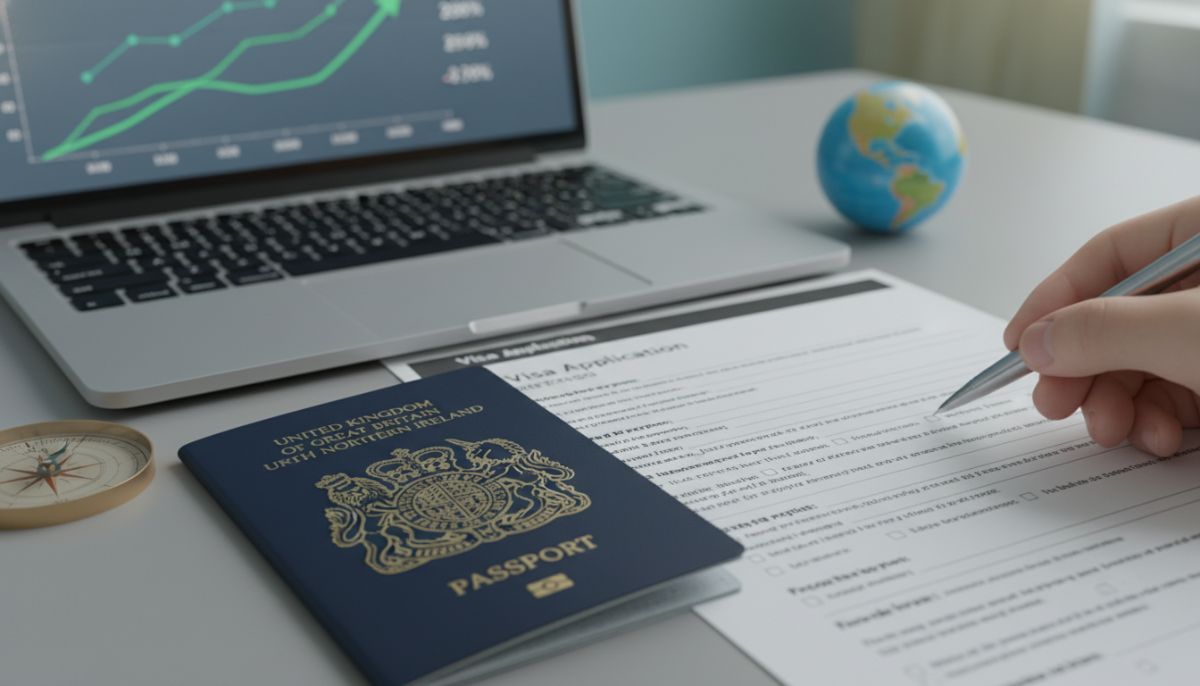 A conceptual close-up of a UK passport, visa application forms, and a laptop showing financial growth charts, representing successful UK business visa navigation, high depth of field