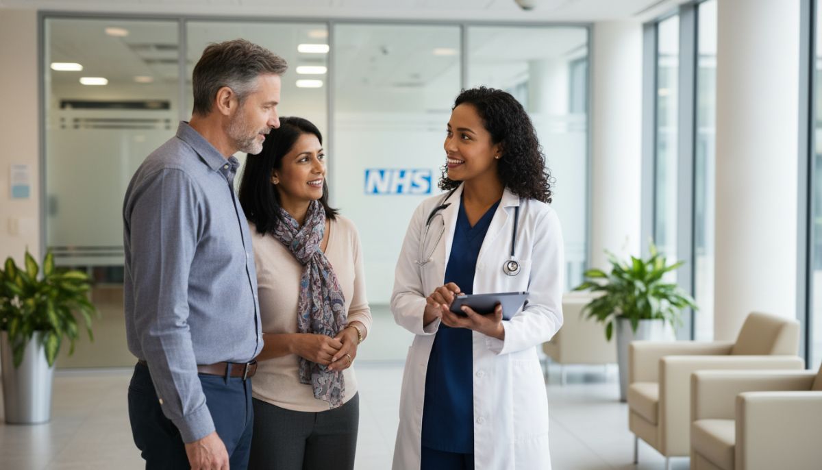A professional doctor in a modern UK hospital setting, smiling and discussing health plans with an expatriate couple, clean and bright lighting, 8k resolution