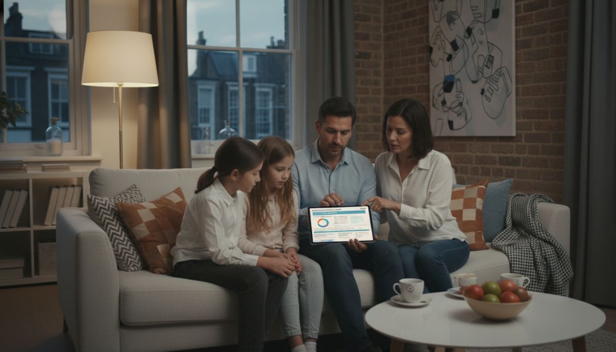 An expat family reviewing health insurance documents on a tablet in a cozy, modern London apartment, soft warm lighting, professional look