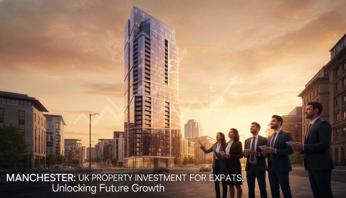 A modern high-rise residential building in Manchester city center, shot during golden hour with a reflective glass facade, symbolizing modern UK property investment opportunities for expatriates.