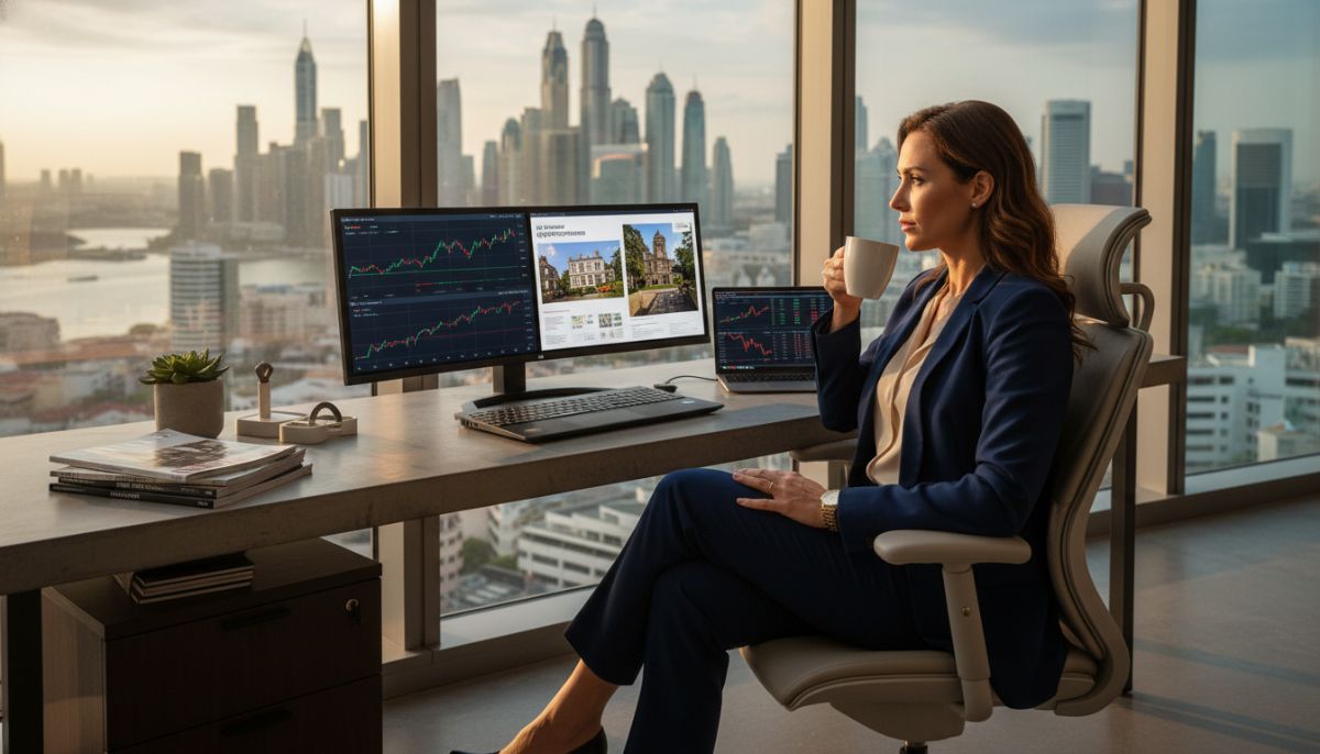 A professional expat sitting in a sleek, modern office in Dubai or Singapore, analyzing financial charts and UK real estate brochures on a laptop screen, depicting the process of global property investment.